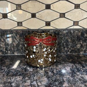 Bath & Body Works Gold 3 Wick Candle Holder with Red Bow